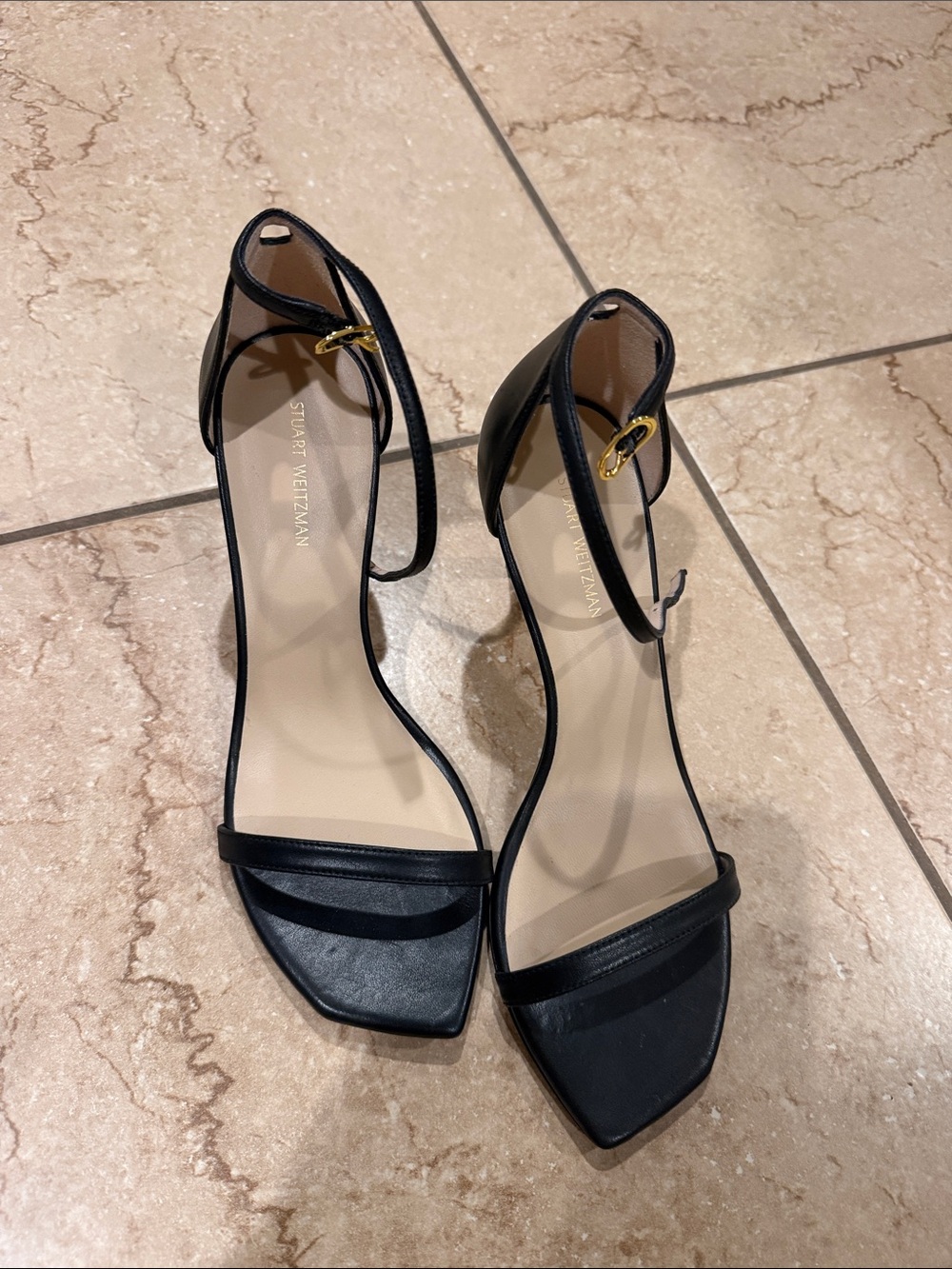 Stuart Weitzman Black Minimalist Ankle-Strap Block Heels